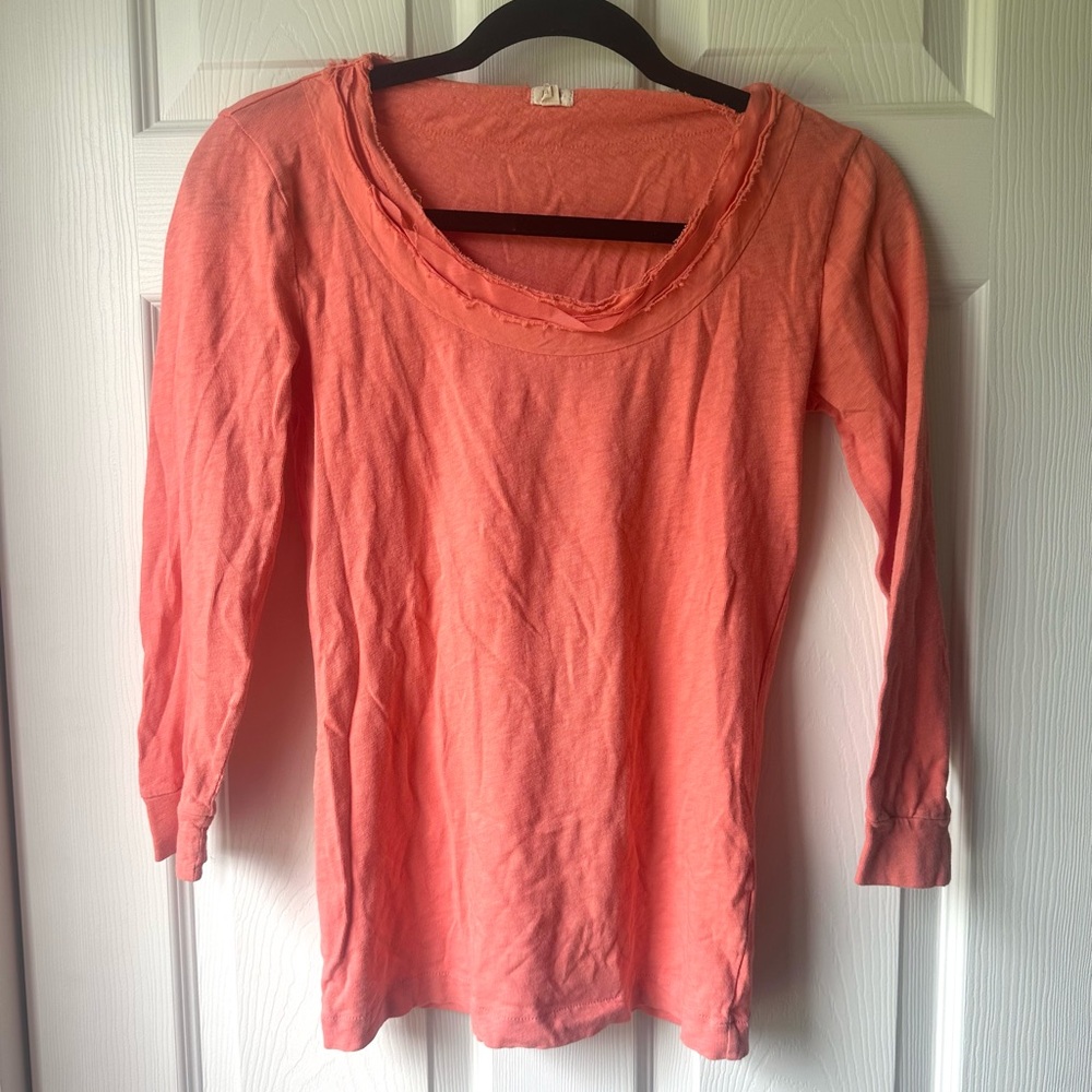J. Crew Orange 3/4 Sleeve Ruffle Neck Casual Blouse / Tee